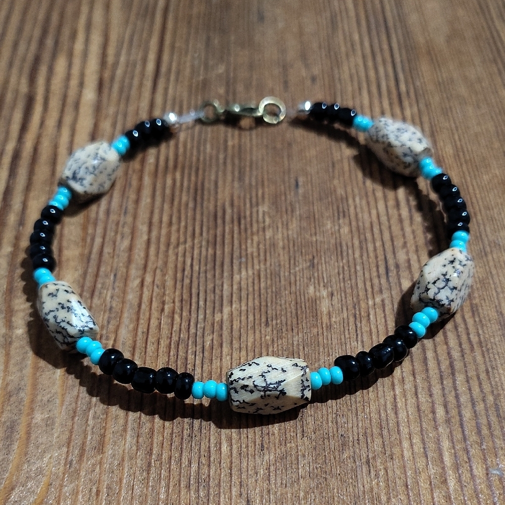 Men's Faux Bone,  Black and Turquoise Beaded Bracelet,  Handmade Bracelet